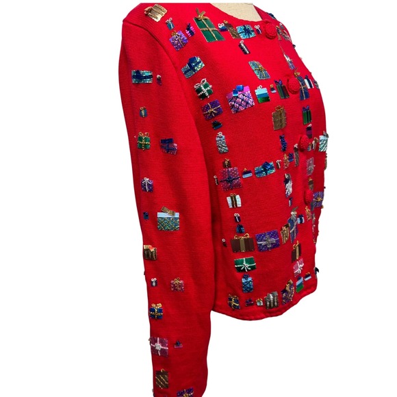 VTG Michael Simon Red Ugly Christmas Cardigan L Sequins Gift Presents Appliques - Picture 3 of 16